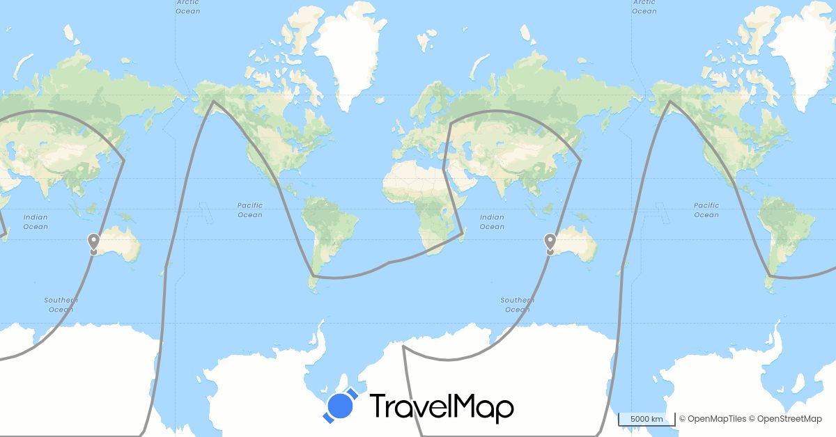 TravelMap itinerary: driving, plane in Argentina, Australia, Canada, Egypt, Japan, Madagascar, Mexico, New Zealand, Russia, United States, South Africa (Africa, Asia, Europe, North America, Oceania, South America)